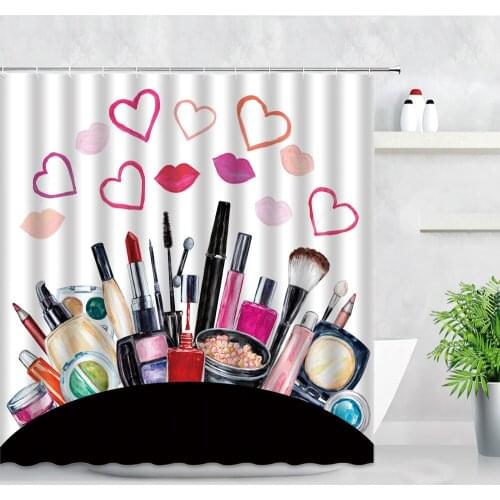 Fashion Girl Shower Curtain Set 3D Love Heart Red Lips Cosmetics Pattern Valentines Day Home Decor Waterproof Bathroom Curtains