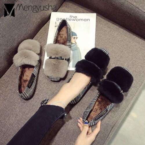 New winter rabbit fur flats women brand checkered cotton shoes leather band warm plush moccasins female furry loafers big size43