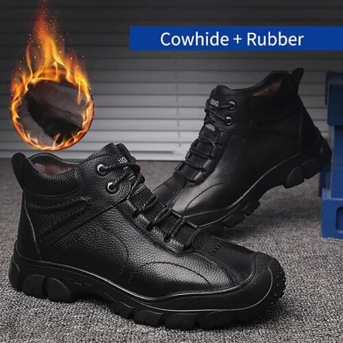 Genuine Leather Shoes Men Winter Plush With fur Warm Mens Casual Cotton Shoes Anti-collision Toe Cap High Quality Sneakers