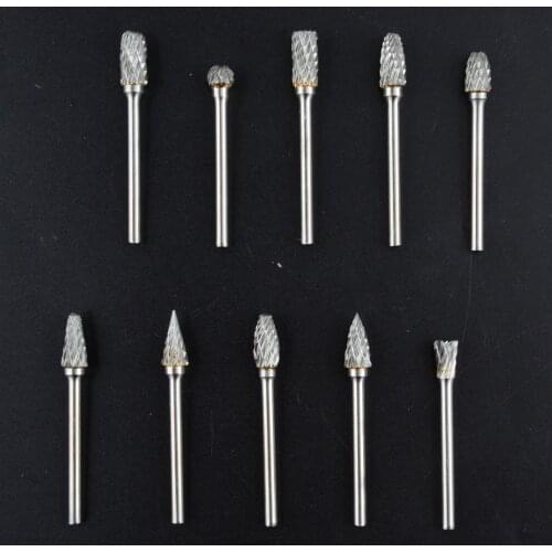 10Pcs/Set Silver Carbide Burrs Rotary Milling Cutter Files Cutting Grinding Drilling Bit Kit for Engraving Notching DIY 3mm 1/8"