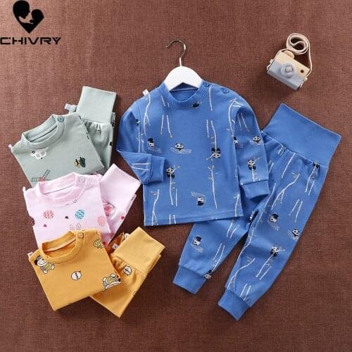 New 2020 Kids Boys Cotton Pajama Sets Cartoon Print O-Neck T-Shirt Tops with High Waist Pants Baby Girls Autumn Clothing Sets