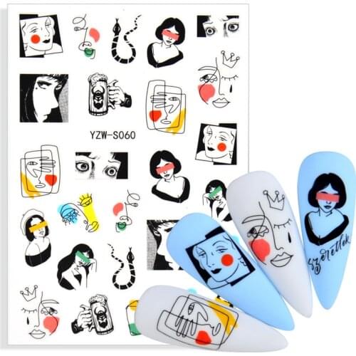 2021 New 3D Nail Decals Manga Girls Face Stickers for Nails Slider Abstract Face Animal Design Fashion Manicure Stickers