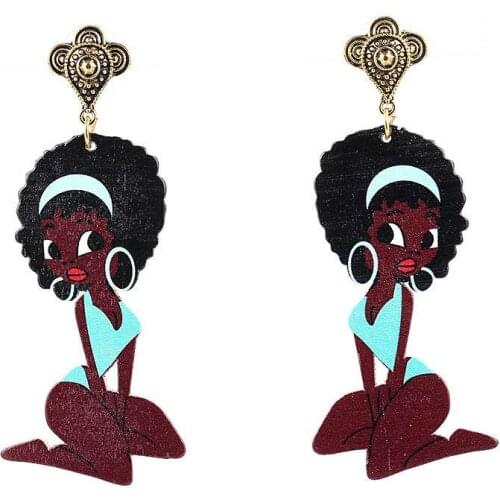 Personality Cute Girl Wooden Earrings Funny Exaggerated Ear Hook Womens Fashion Creative Prom Party Fun Jewelry Birthday Gift