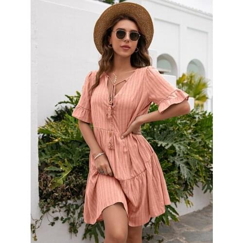 Newest women V-neck short cotton dresses puff sleeve cotton lace-up belt solid color striped knee-length skirt special design