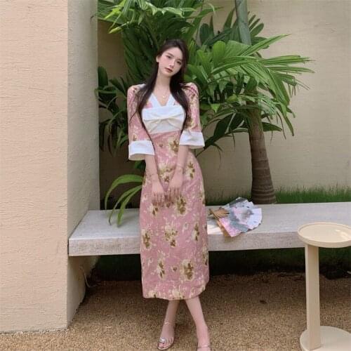 Bow Kimono Dresses for Women Floral V-neck Summer Japan Style Pink Slim Dress Purple Female Clothing New Vestido Feminino