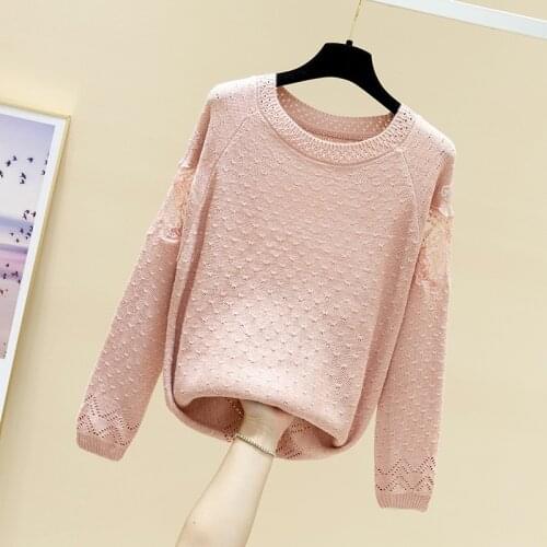 Early spring 2021 round neck thin cut loose top womens Pullover lace long sleeve knitted sweater embroidered sweater