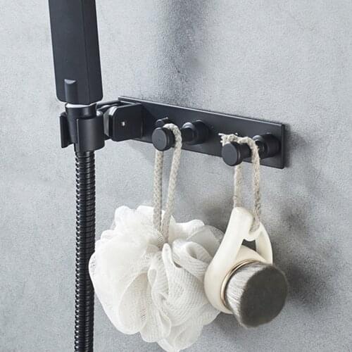 Adjustable Shower Head Bidet Sprayer Holder Wall Mount Bracket with 2 Hanger Hooks Aluminum Duty Strong Adhesive for Bathroom