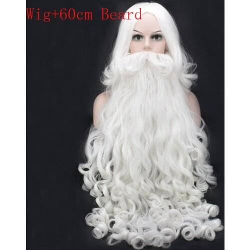 Christmas Cosplay Wig Beard Santa Claus White Curly Long Synthetic Hair Adult Halloween Cosplay Costume Gift Role Play +Wig Cap