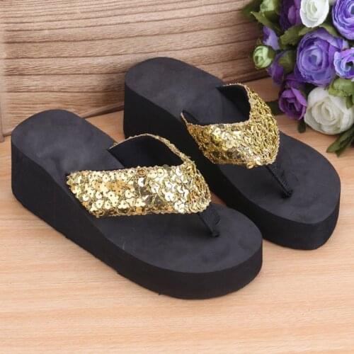 2020 Summer Fashion Womens Shoes Sequins Anti-Slip Wedge Sandals Indoor Outdoor Thong Mid Heels Platform Slippers Flip-flops