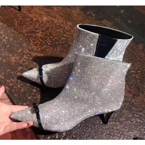 Sexy Runway Boots Silver Crystal Embellished Bowtie Knot Womens Ankle Boots Shoes Pointed Toe Thin Heels Rhinestone Booties