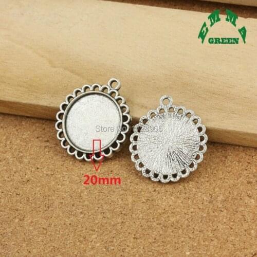 Silver Base Setting 10pcs Antique Flower Frame Round Inner 20mm Cabochon Pendant Setting Blank Pendants for Jewelry Making