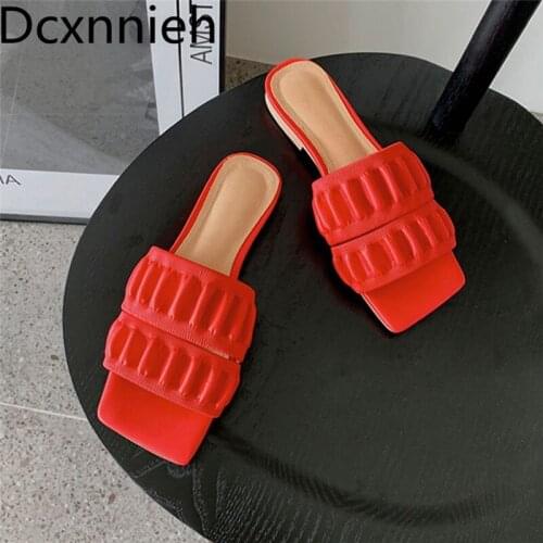 Summer Slippers Women Genuine Leather Pleated Designer Brand Shoes Woman Black White Brown Slides Ladies Flats Mules Women 2021