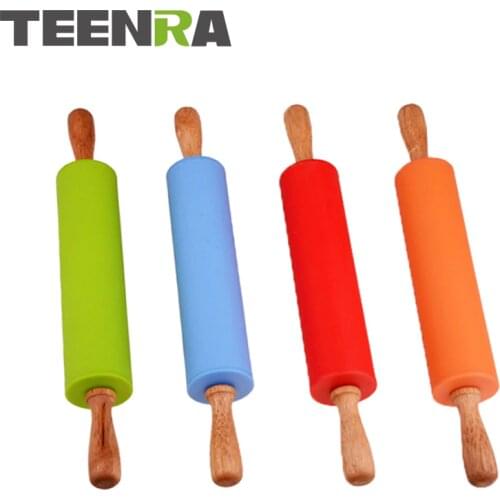 TEENRA 1Pcs Silicone Rolling Pin Non-stick Flour Stick Rolling Pin Wooden Handle Rolling Pin Food Dough Roller Cake Tools