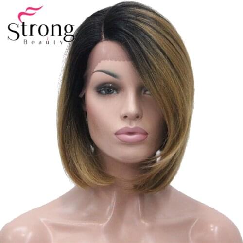 StrongBeauty Ombre Bob Lace Wig with L Part Lace Front Wig Hand tied Invisible Synthetic Straight Wigs