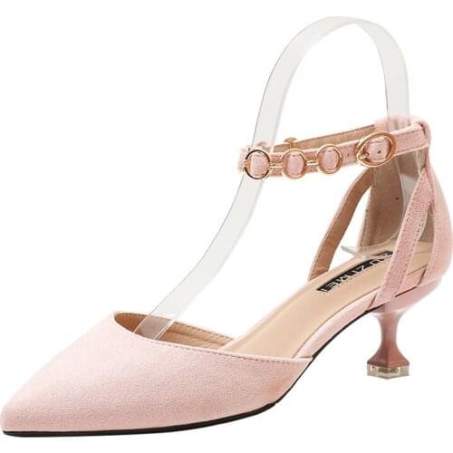 Women pumps Flock Buckle Strap 5CM 7CM Thin Heels High heels Pointed Toe Shallow shoes for women women shoes 2020 size 35-42