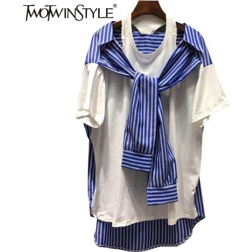 TWOTWINSTYLE Casual Patchwork Striped Shirt For Women O Neck Long Sleeve Fake Two Korean Blouse Female Fashion New Clothing 2021