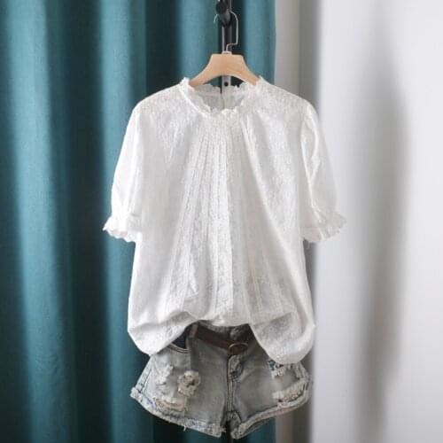 Lamtrip Unique Pleated Lace Stitch Ruffled Collar Short Sleeve Cotton White Lolita Shirt Tee