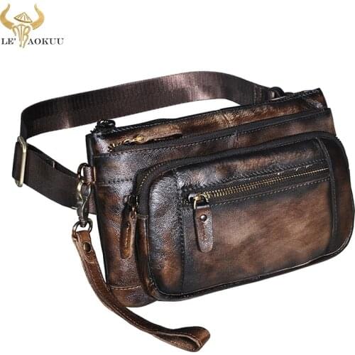 Vintage Natural Leather Male Sling Bag Design Casual Travel 8" Tablet Phone Case Pouch Travel Fanny Waist Belt Bag Pack Men 9801