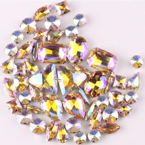 Silver claw setting 50pcs/bag 11 shapes mix Champagne gold AB glass crystal sewing rhinestone wedding dress shoes bags diy trim