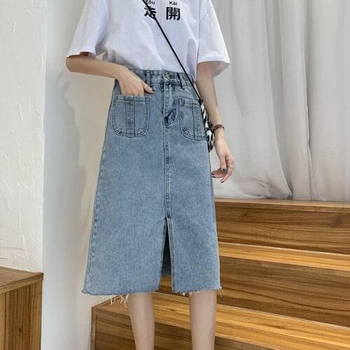 Korean Spring Summer Split Front Denim for Women Casual High Waist with Pocket Mid-length Jeans Skirt Female Plus Size S- XL