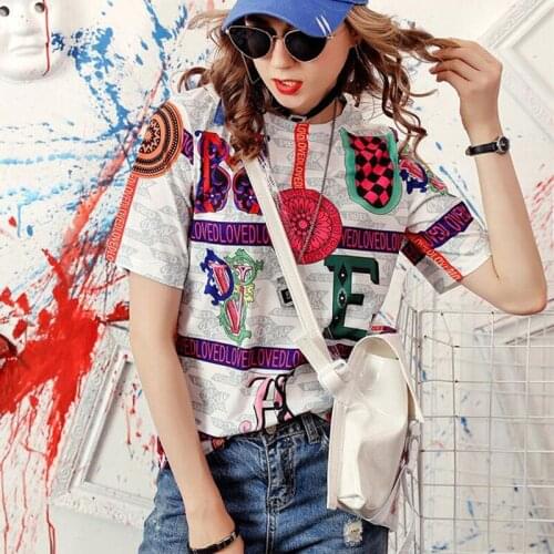 2021 womens spring and summer new Korean slim slim Joker base printing round neck short sleeve T-shirt women