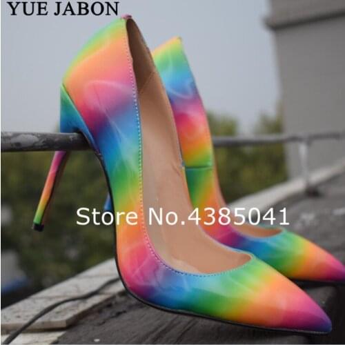 Real Pictures colorful rainbow printed pointed toe woman lady female 12cm 10cm 8cm high heel shoes wedding party women pumps