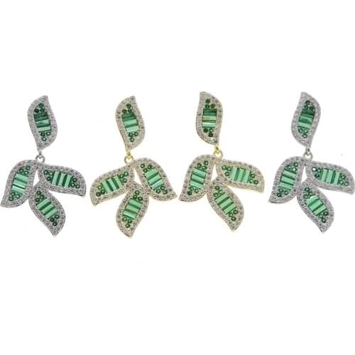 Summer new luxury High quality women jewelry baguette micro pave cz sparking cz green leaves flower drop dangling women earring