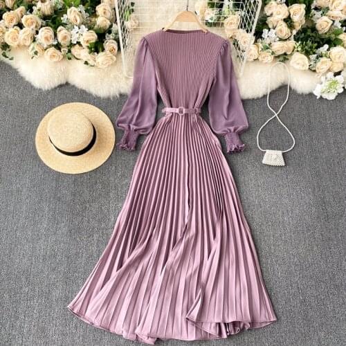 Elegant Dress Women O-neck Slim High Waist Pure Purple Pleated Long Dress 2021 Fashion Spring Long Sleeve Retro Party Dress