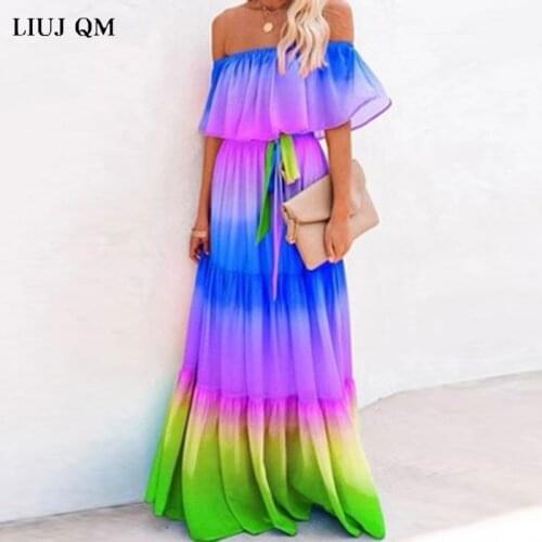 2021 Womens Printed Big Swing Dress Western Gradient Rainbow Color Long Dress Summer One Shoulder Sexy Fashion Vacation Dresses