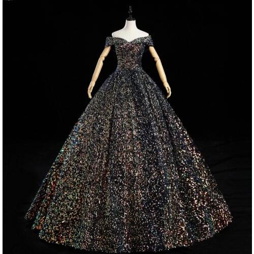 JaneVini 2020 Luxury Arabic Long Evening Dresses Ball Gown Off Shoulder Sparkle Sequined Floor Length Formal Women Dinner Dress