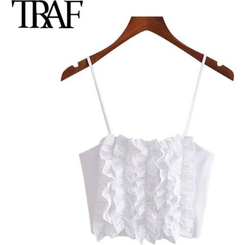 TRAF Women Sexy Fashion Ruffled Cropped Blouses Vintage Backless Thin Straps Female Shirts Blusas Chic Tops