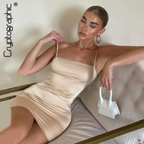 Cryptographic Fashion Sexy Backless Spaghetti Strap Mini Dress Women Elegant Club Party Ruched Satin Dresses Skinny Bandage