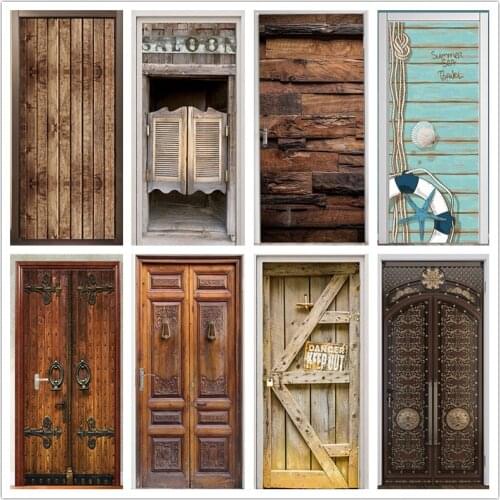 Retro Wooden Door Sticker Home Art Decorative Wallpaper for Door Vinyl Waterproof Modern Removable Door Sticker Geometric Murals