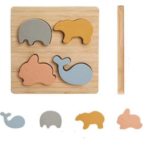Baby Wooden Puzzle Animals Shapes Silicone Teether BPA Free Montessori Intelligence Developing Games Safety Toddler Toys Gifts