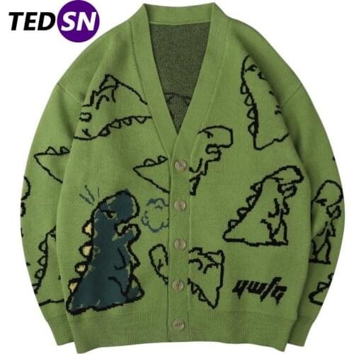 Hip Hop Men‘s Knitted Sweater 2021 Doodle Dinosaur Pattern Harajuku Oversize Streetwear Loose Cardigan Pullover Men Women Coat