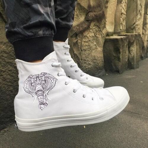 Wen Design Elephant Ethnic Style High Top White Canvas Unisex Sneakers Girl Boys Rubber Soled Skateboard Shoes for Unique Gift