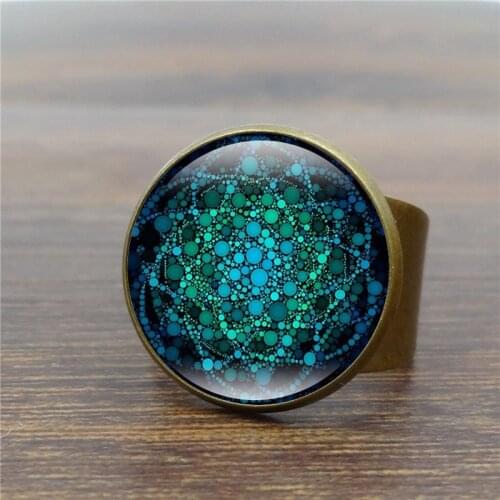 Mandala Flower of Life Vintage Ring Om Yoga Chakra Art Glass Dome Bronze Rings for Women Jewelry Ring Adjustable