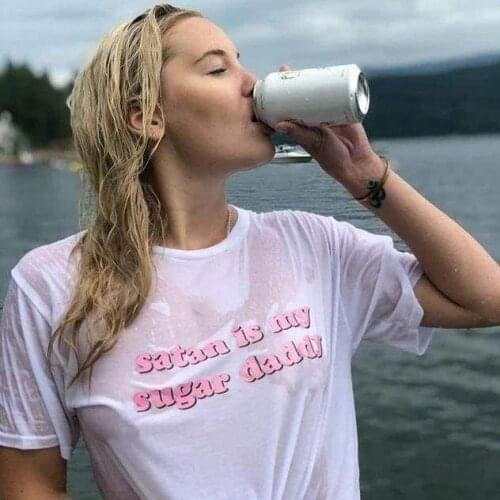 Summer Fashion Tops Tee Satan Is My Sugar Daddy Letter Print Tumblr Women Shirt Aesthetic Clothes Kawaii Casual Harajuku T-Shirt
