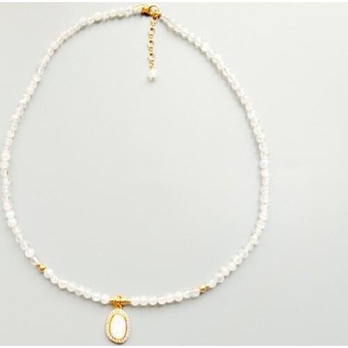 Lii Ji Genuine Natural Moonstone Beads Lab-created Opal Charm US 9K GF Chain Link Delicated Handmade Necklace 40cm/45cm