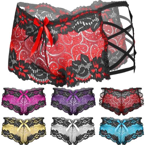 Sissy Boxer Short Underwear Wetlook Mens Shiny Low Waist Softy Boxers Underpants Gay Male Sissy Panties Lace Up Each Side Boxer