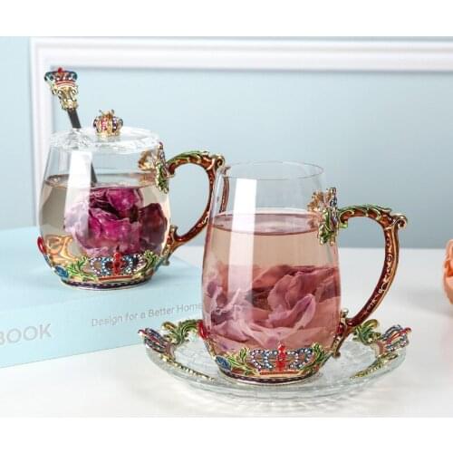 Flower Glass Tea Cup Set Water Cup with Spoon Lid Home Office Breakfast Milk Juice Drinkware Coffee Mug Christmas Birthday Gift