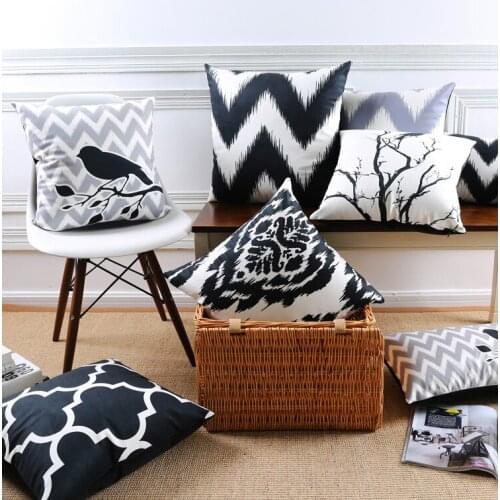 Nordic Modern Black And White Minimal Geometric Chevron Stripe Cushions Covers Bird Tree Pillowcase Velvet Pillow Cushion Cover
