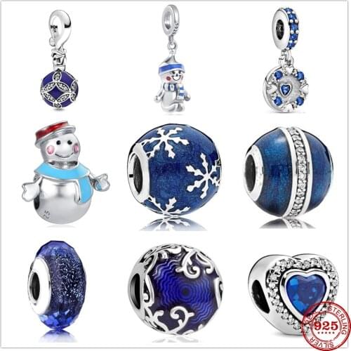 New Christmas Snowman Snowflake Crystal Blue Charm fit Original Pandora Charms Silver 925 Bead Bracelet DIY Women Jewelry Gifts