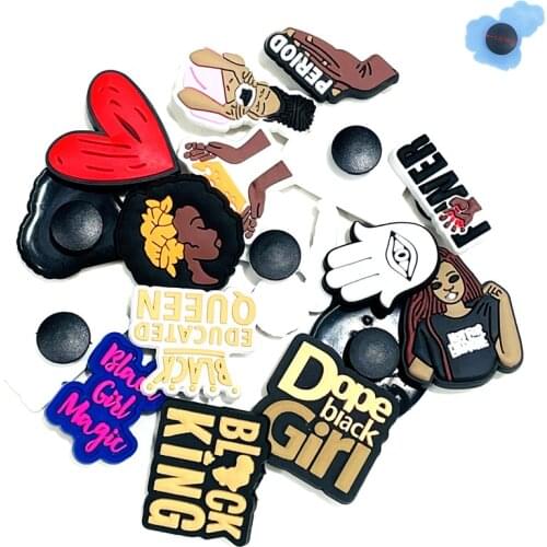 Single Sale Dope Black Magic Girl PVC Shoes Accessories Black Lives Matter Garden shoes Croc Jibz Charm DIY Bracelet Kids Gift