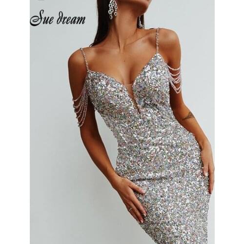 Sexy V-neck Spaghetti Strap Shiny Beaded Sequin Bodycon Dress 2021 Summer New Womens Elegant Club Party Dress Vestido