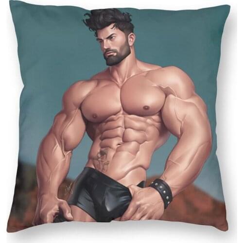 Tempting Gym Muscle Man Sexy Hunk Square Pillow Cover Decoration Gay Pride Body Art Cushions Throw Pillow for Car Double-sided