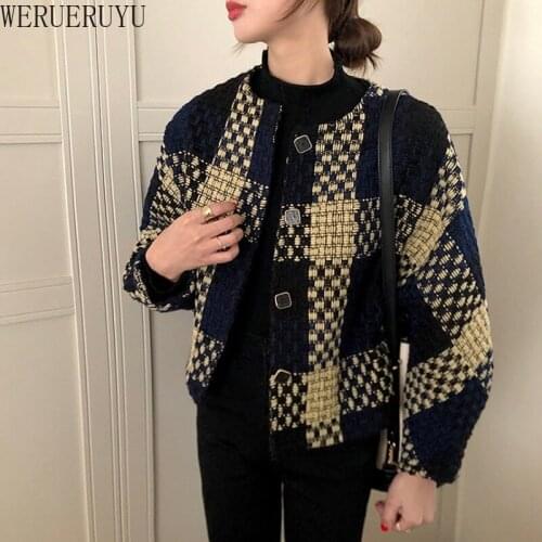 WERUERUYU Womens Short Jacket Vintage Ladies Autumn Spring New Korean Plaid Woolen Coat College Style Slim Tweed Jackets
