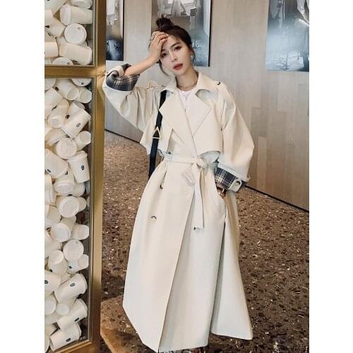 Sleeve Plaid stitching windbreaker coat womens spring and autumn middle and long British Korean loose temperament coat
