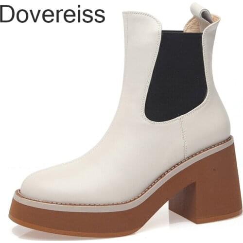 Dovereiss Fashion Womens Shoes Winter White Platform Genuine Leather Slip On Square Toe Chunky Heels Ankle boots Block Heels 40