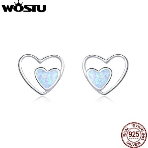 WOSTU Real 925 Sterling Silver Heart In Heart Opal Stud Earrings For Women Wedding Engagement Earrings Lovely Jewelry CQE858